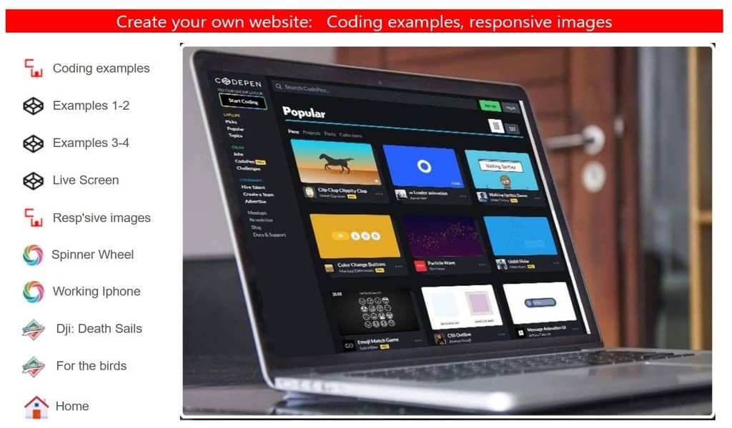 Coding examples menu, responsive images