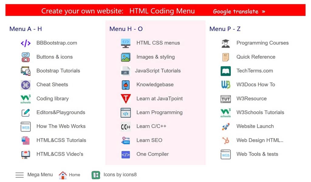 HTML Coding Menu Page